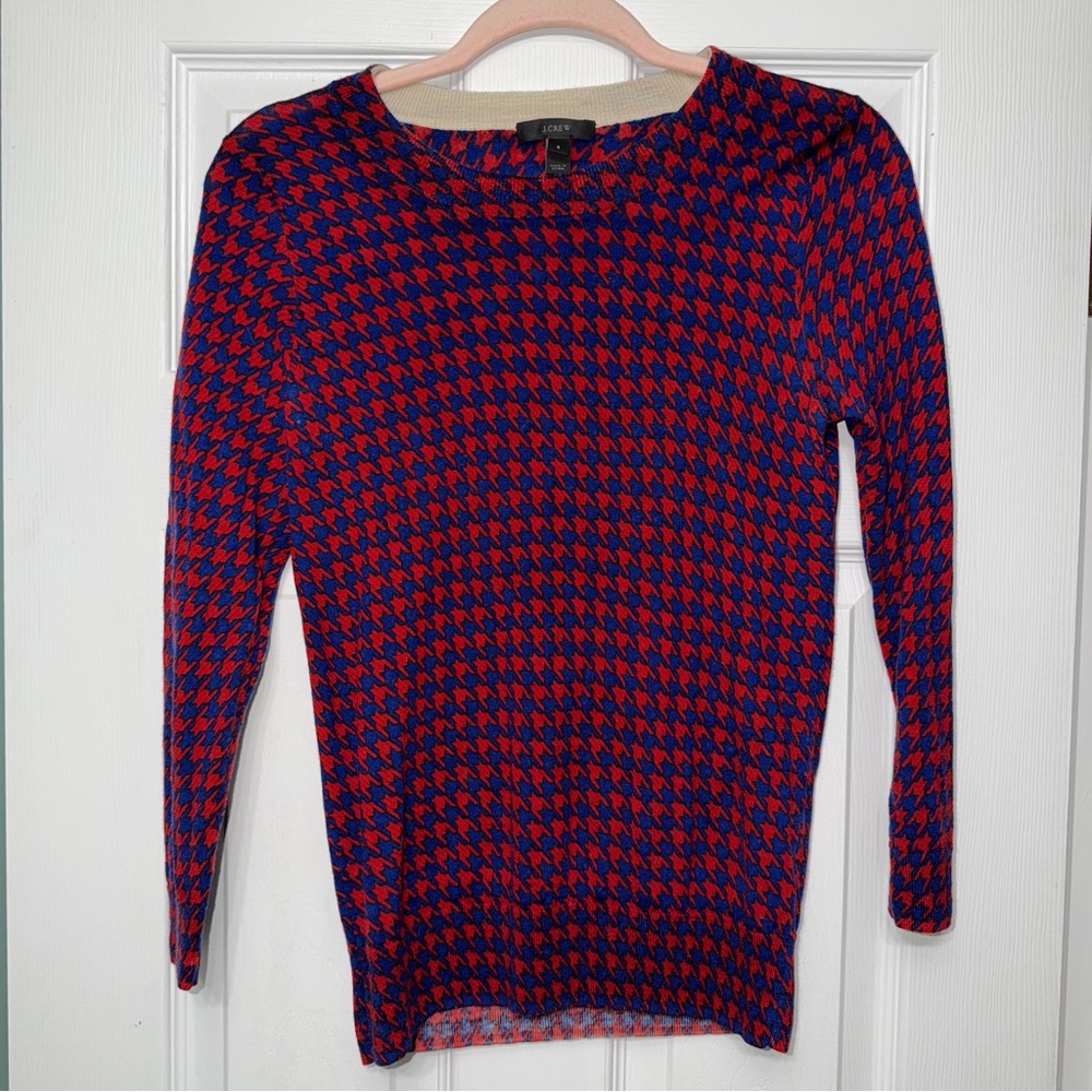 J. Crew Red and Blue Houndstooth Sweater, Small Flaw